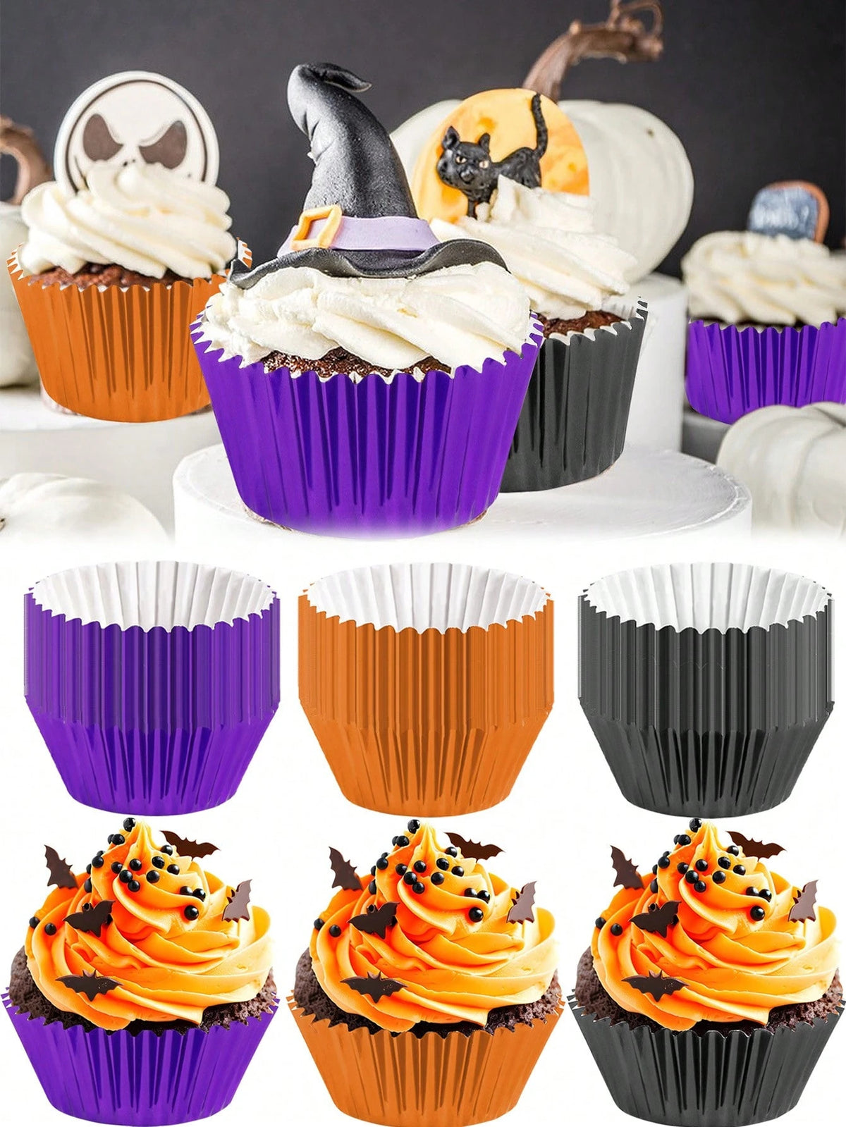 300 Pcs Halloween Foil Cupcake Liners Black Purple Orange Foil Metallic