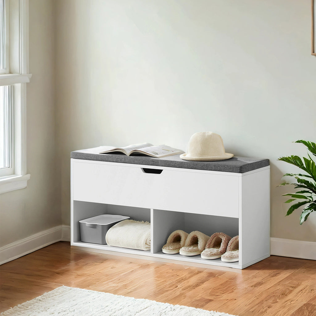 Shoe Storage Bench With Cushion, 2 Open And 1 Hidden Compartments