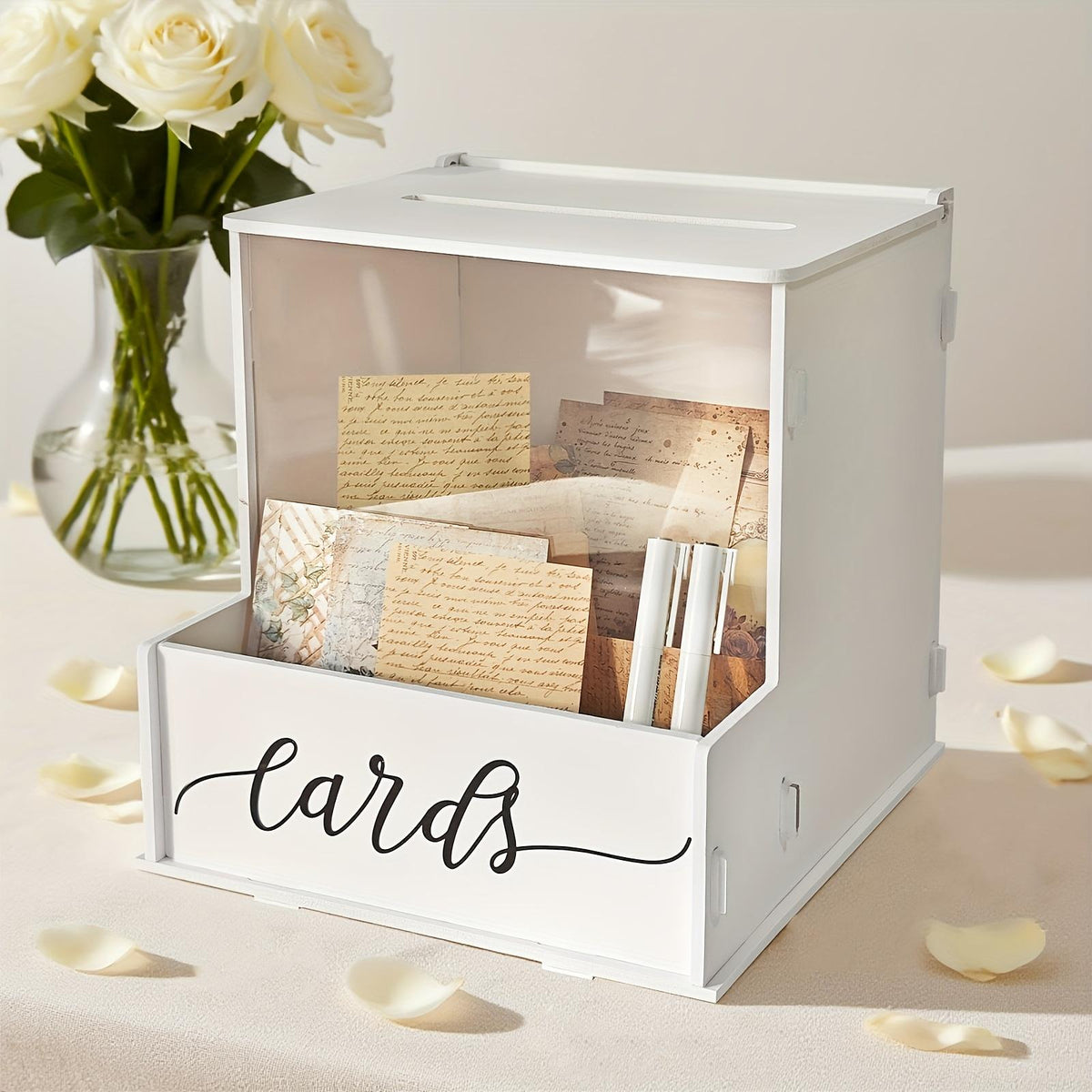 Elegant White PVC Rectangular Wedding Card Box With Lockable Lid