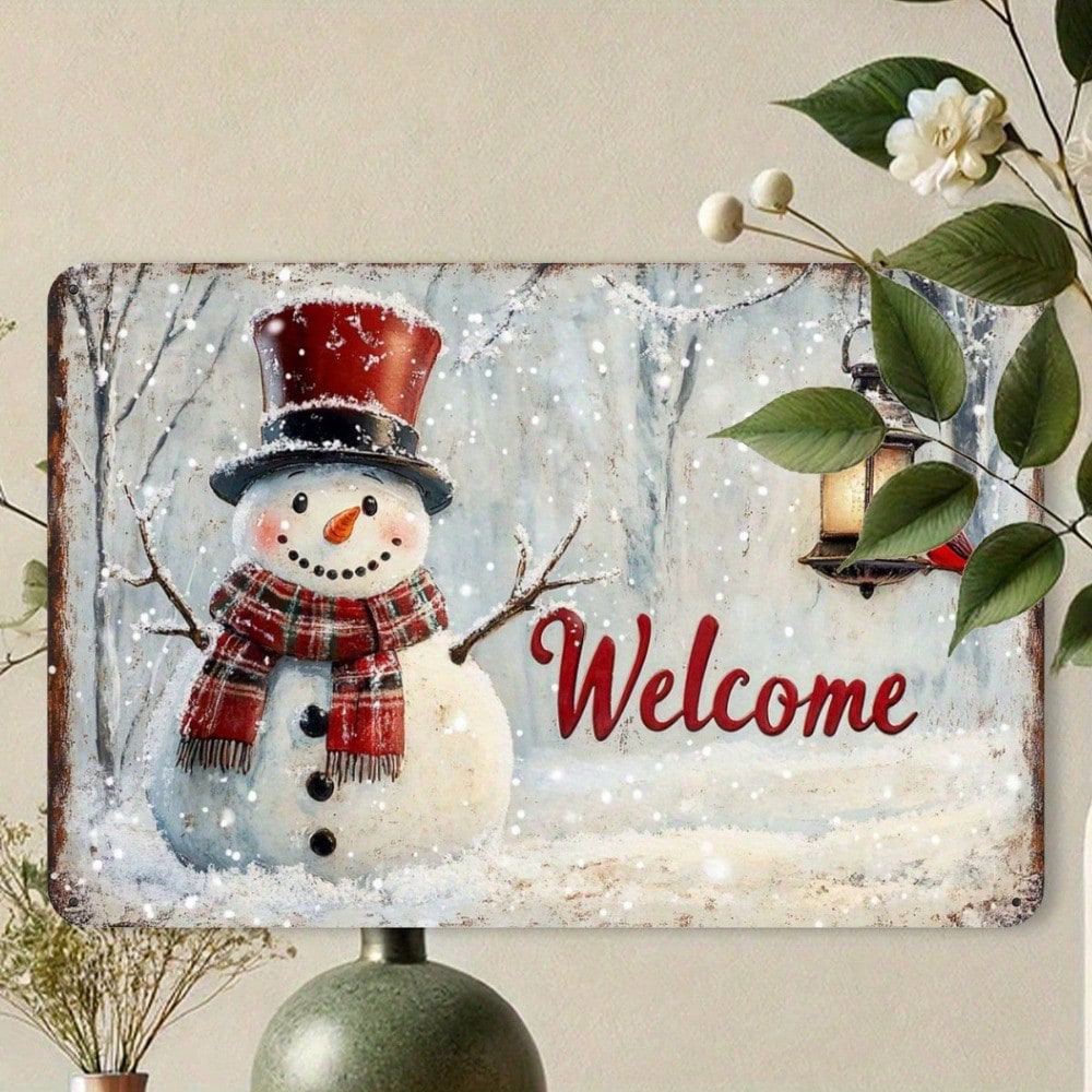 1pc Rustic Snowman And Bird Christmas Welcome Sign, Welcome Sign, Iron
