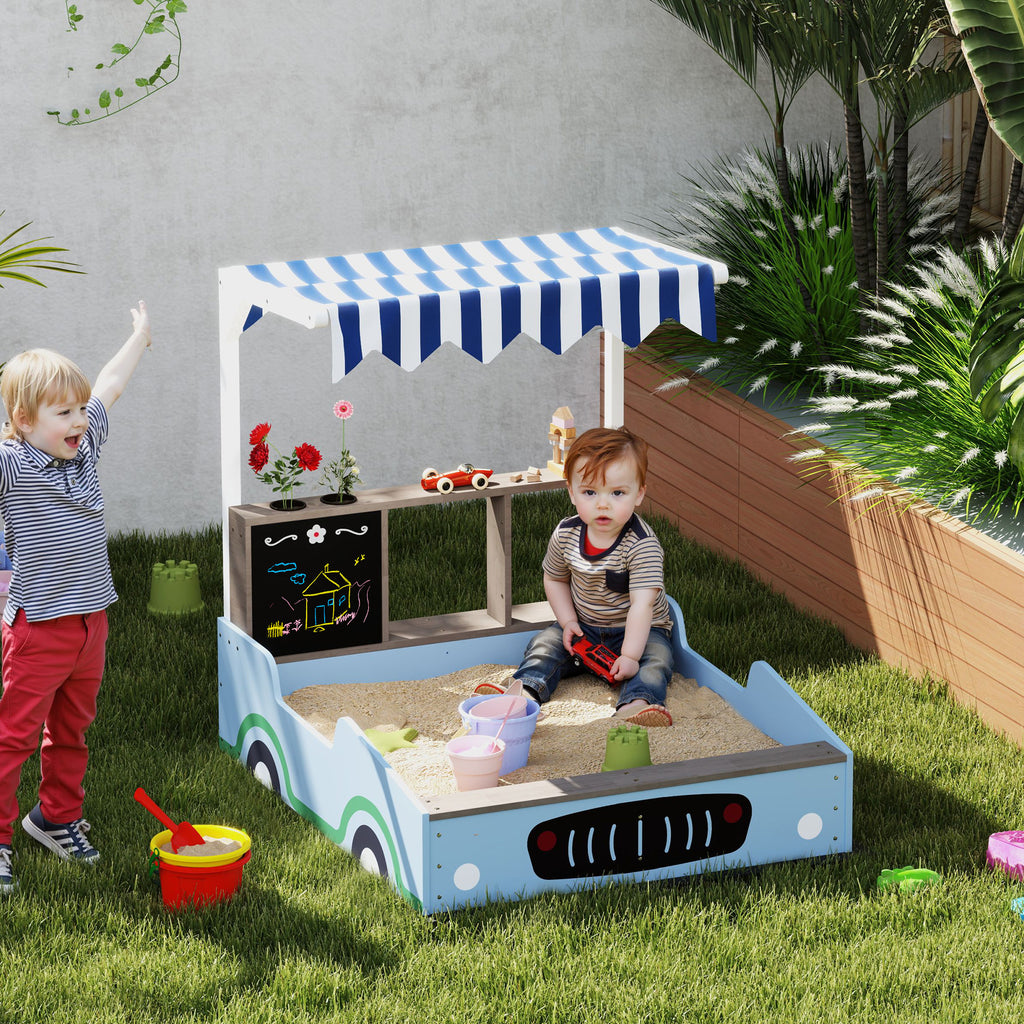 Kids Wooden Sandbox With Canopy With Bench Seats, Bottom Liner, Drawing