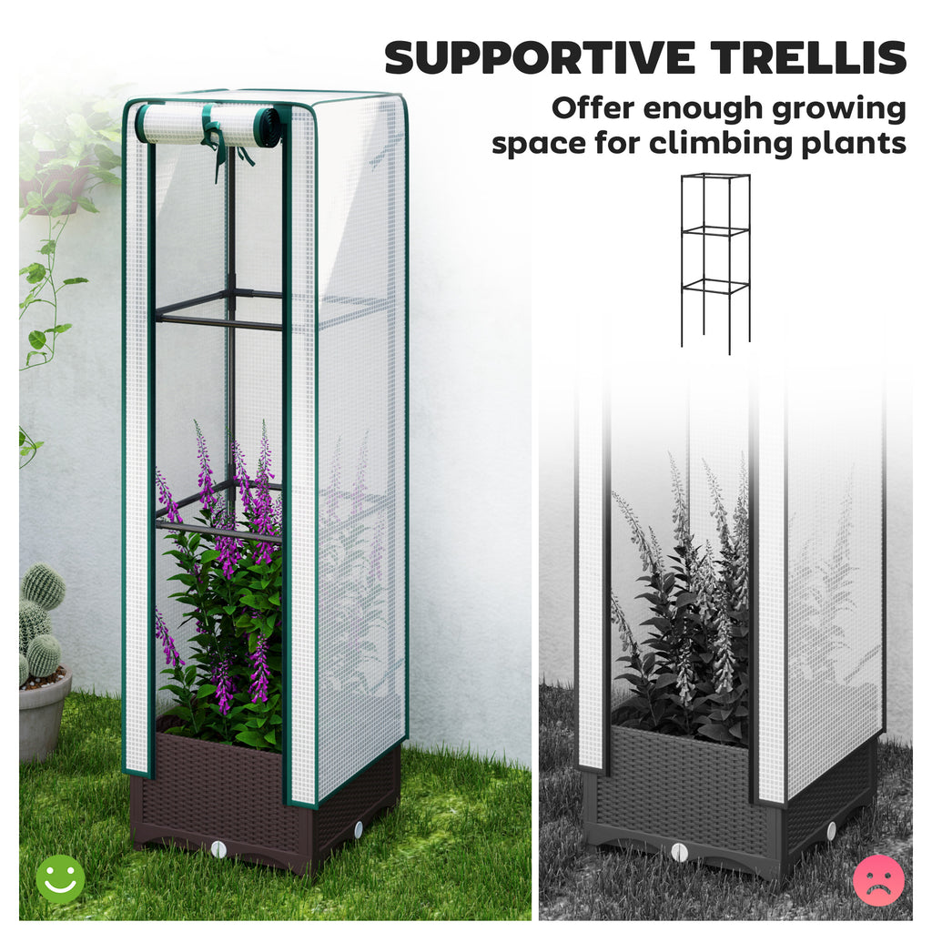 Garden Bed With Trellis, Outdoor Plant Box With PE Cover, Drainage