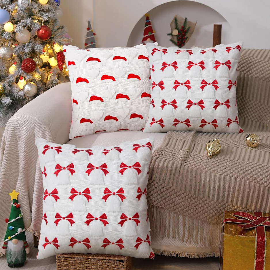 2Pcs Christmas Pillow Covers 18x18, 3D Jacquard Faux Fur Holiday Decor