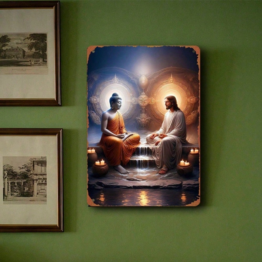 Vintage Metal Wall Art Buddha Jesus 2D Flat, Monastery Scene Religious