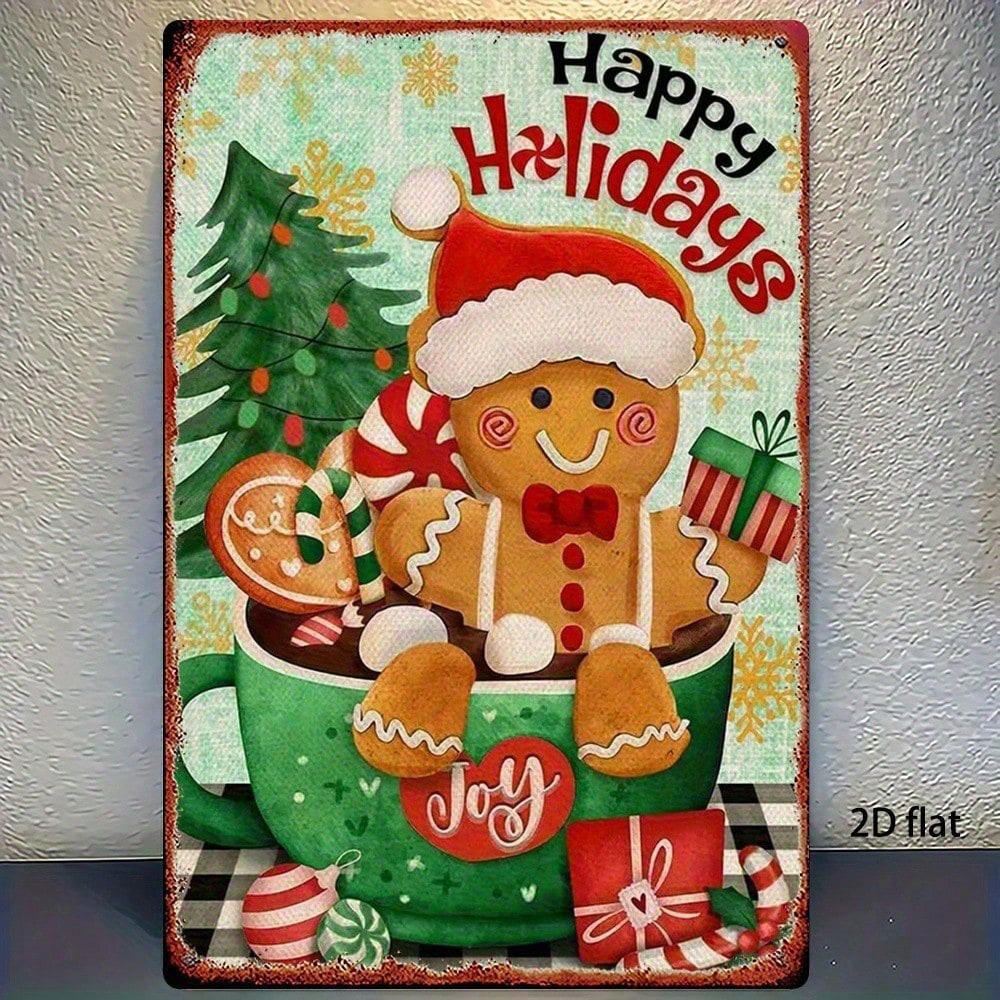 Christmas Gingerbread Man Metal Sign 8x12, Retro Square Tin Wall Decor