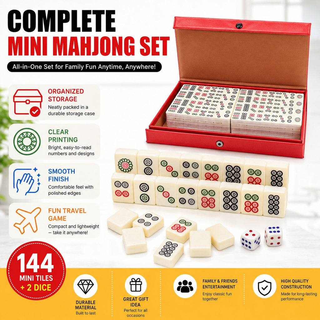 Pocket Mahjong Set 144 Mini Tiles 2 Dice Red Case Family Travel Games