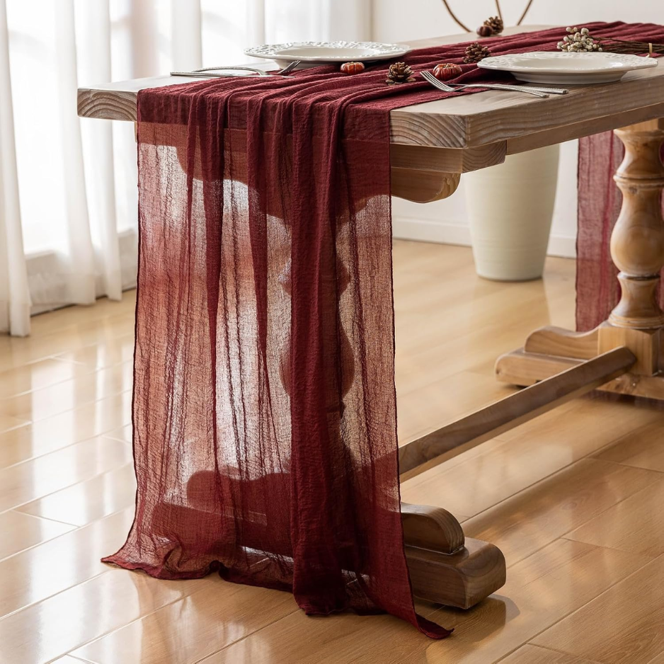Fall Christmas Decorations Burgundy Cheesecloth Table Runner 120 Inches
