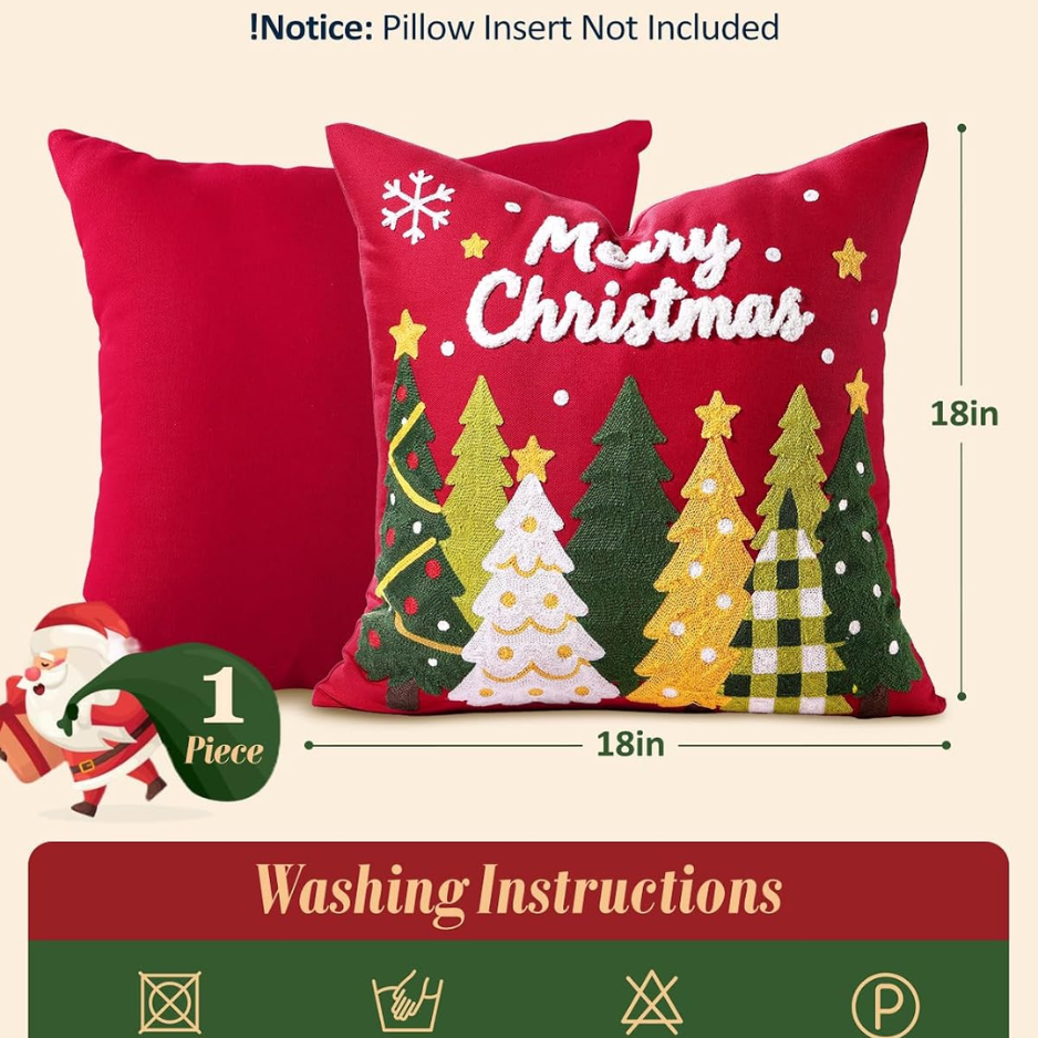 Christmas Embroidered Pillow Cover 18x18 Inch, Red Trees