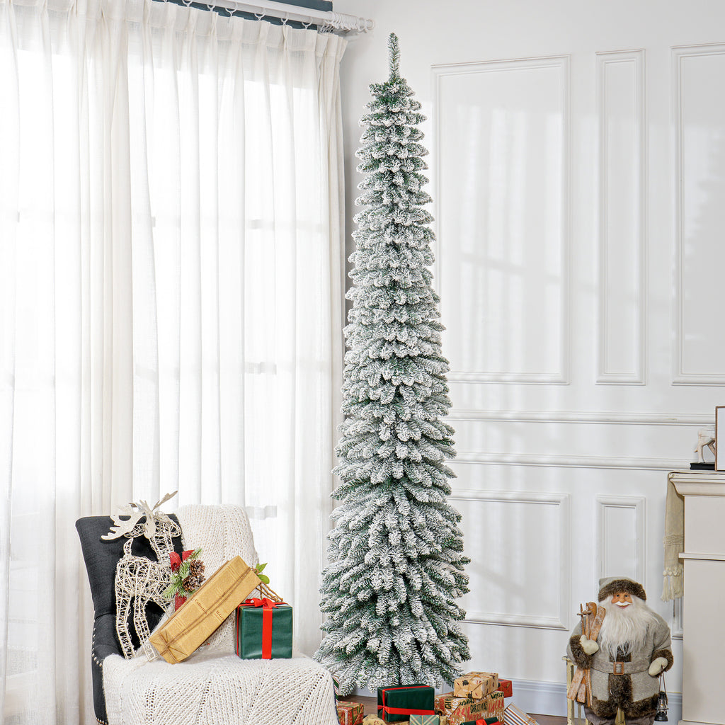 8' Tall Unlit Slim Pencil Xmas Tree, Snow Flocked Artificial Christmas