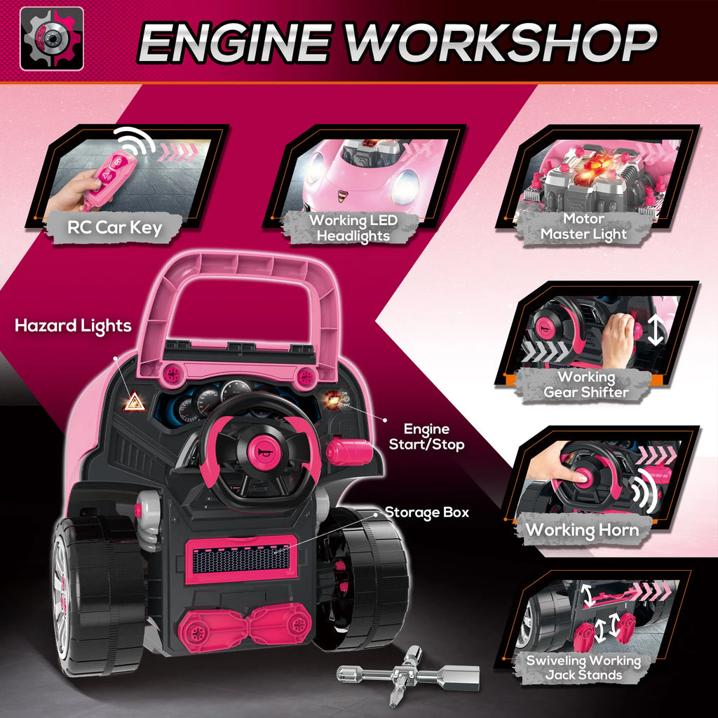 Mechanic Kids Truck Engine Toy Set, Car Service Play Set, Pink