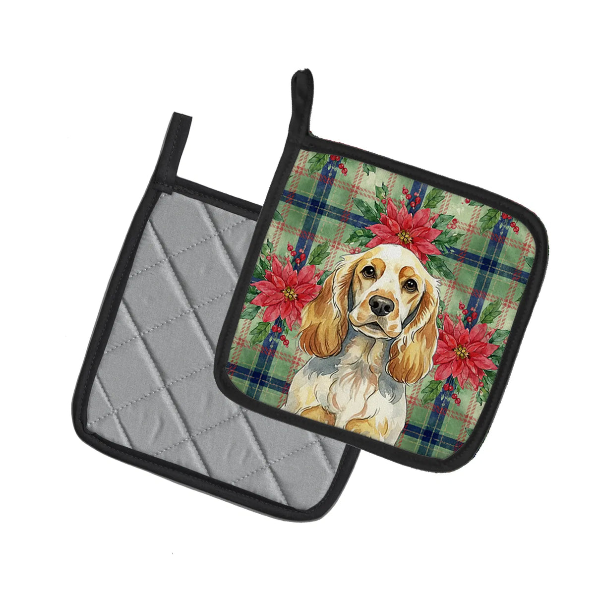 Lemon Roan English Cocker Spaniel Christmas Poinsettias Pair Of Pot