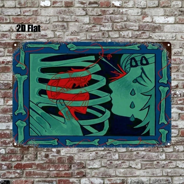 Vintage Abstract Red & Blue Skull Metal Wall Art, 8x12 Inch 2D Flat