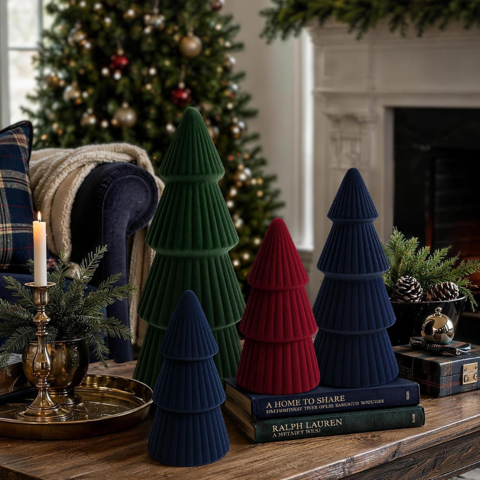 Christmas Decorations Set Of 3 Velvet Ceramic Christmas Trees Green