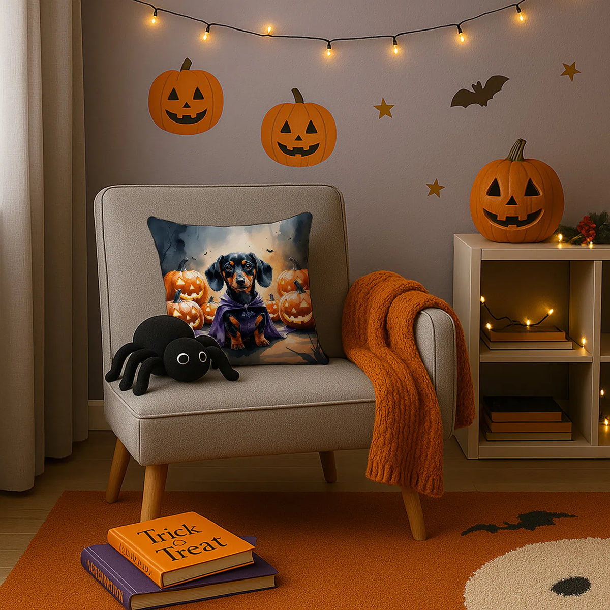 Dachshund Puppy Halloween Throw Pillow Machine Washable, Indoor Outdoor