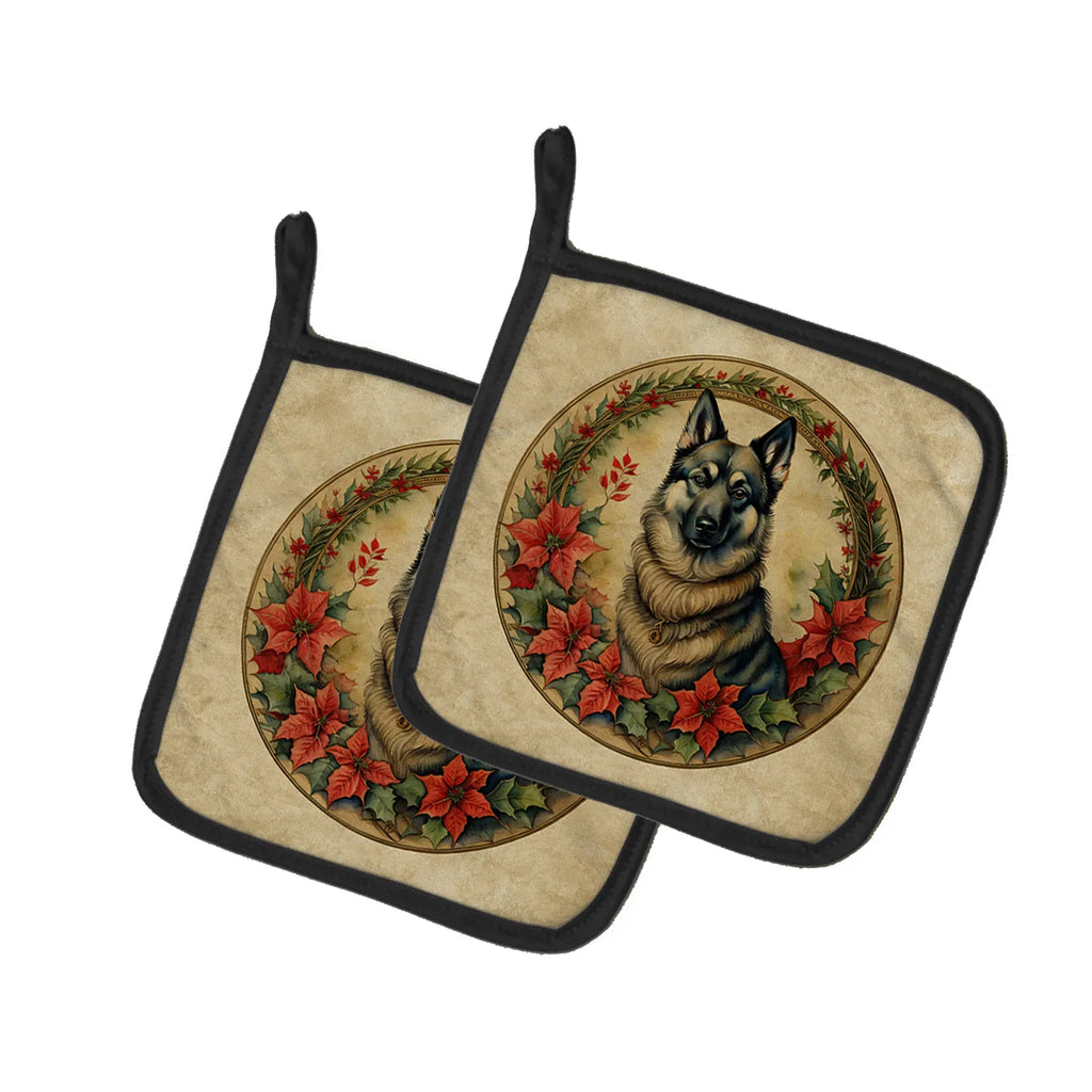Norwegian Elkhound Christmas Flowers Pair Of Pot Holders Kitchen Heat