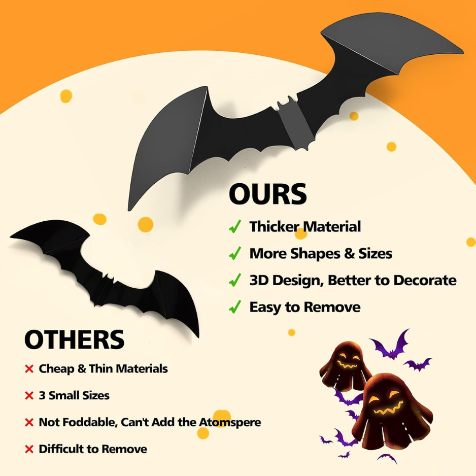 100Pcs Halloween Bat Wall Decor Stickers - 3D Black PVC Bat Decals