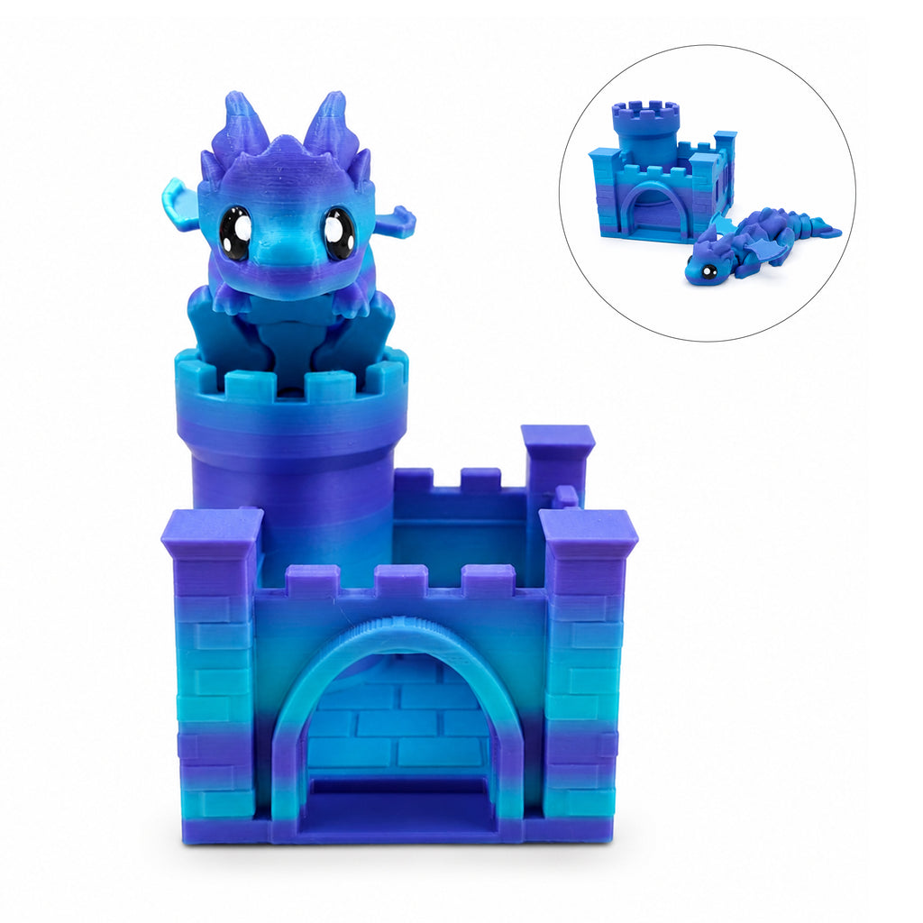 3D Printed Dragon & Castle Set, Articulated Mini Dragon With Castle