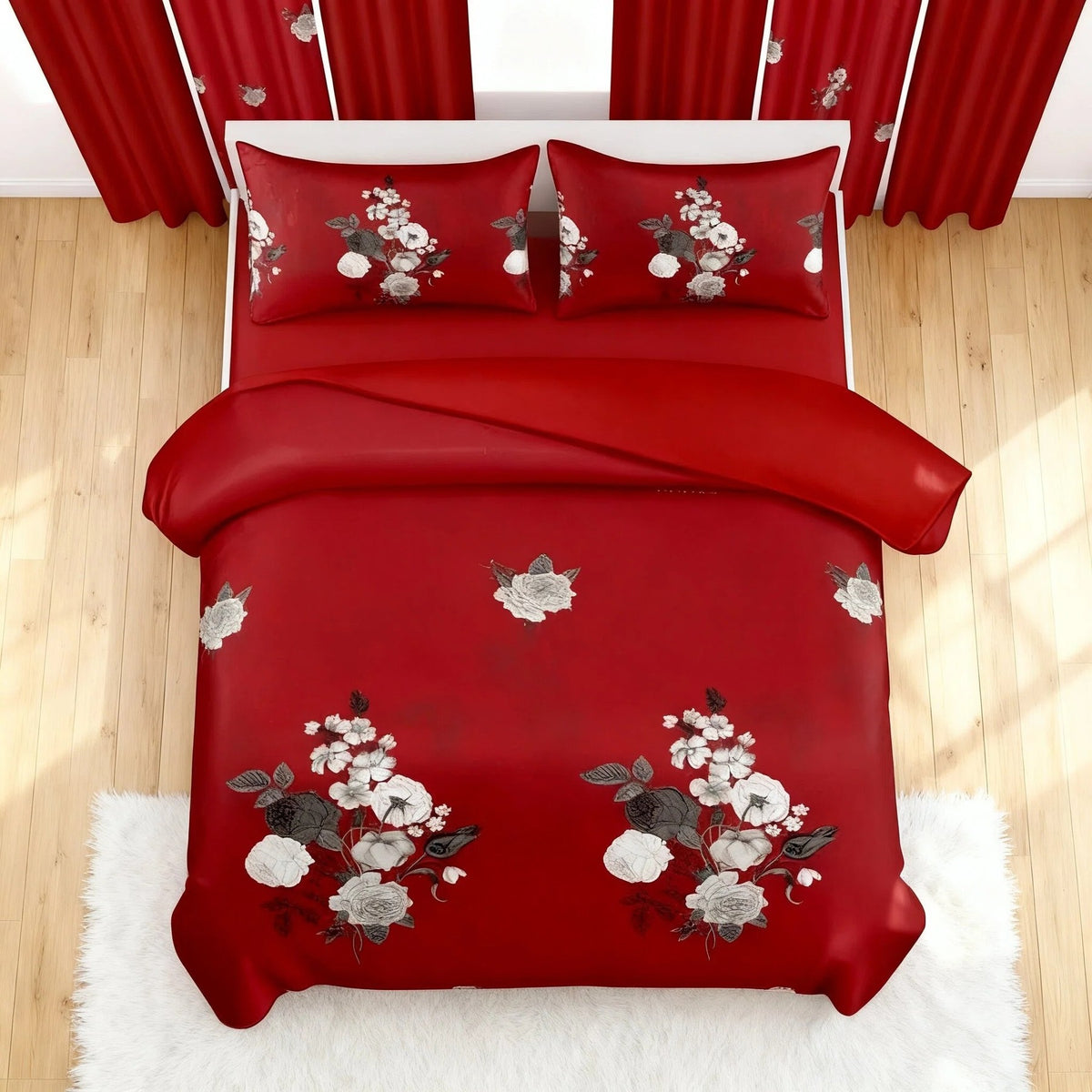 9-Piece Red Floral Quilt And Curtain Set, Reversible Microfiber