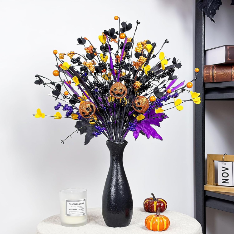 6 Pcs Halloween Floral Picks, 17 Inch Jack-o'-lanterns & 3-Color Berry