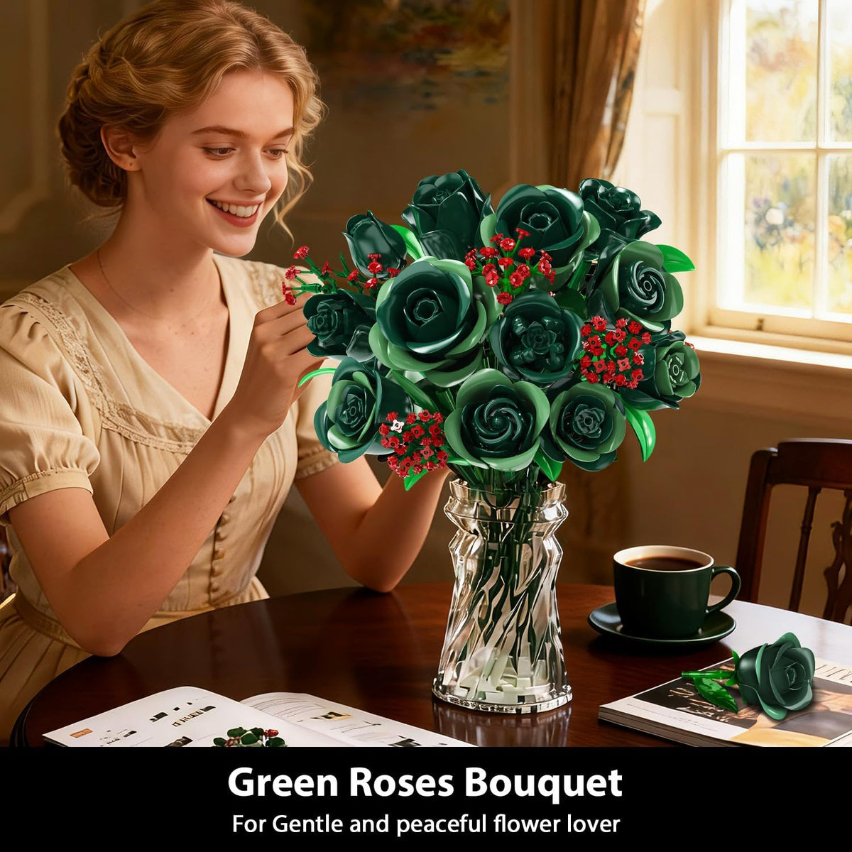 16 Green Roses Botanical Building Blocks, Artificial Flower Birthday