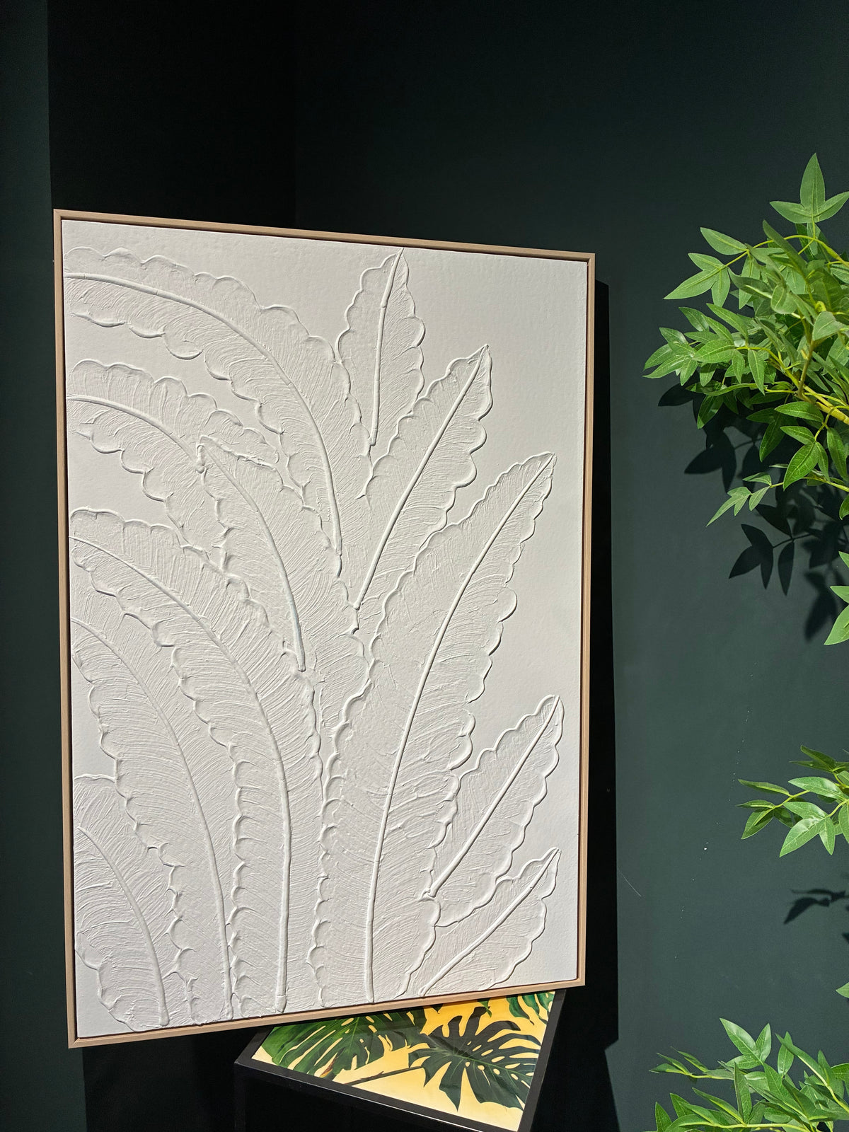 24x36 Framed Botanical Leaf Wall Art, Antique White Thick Textured