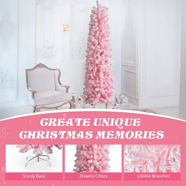 7.5 FT Snow Flocked Hinged Christmas Tree, Artificial Pencil Christmas