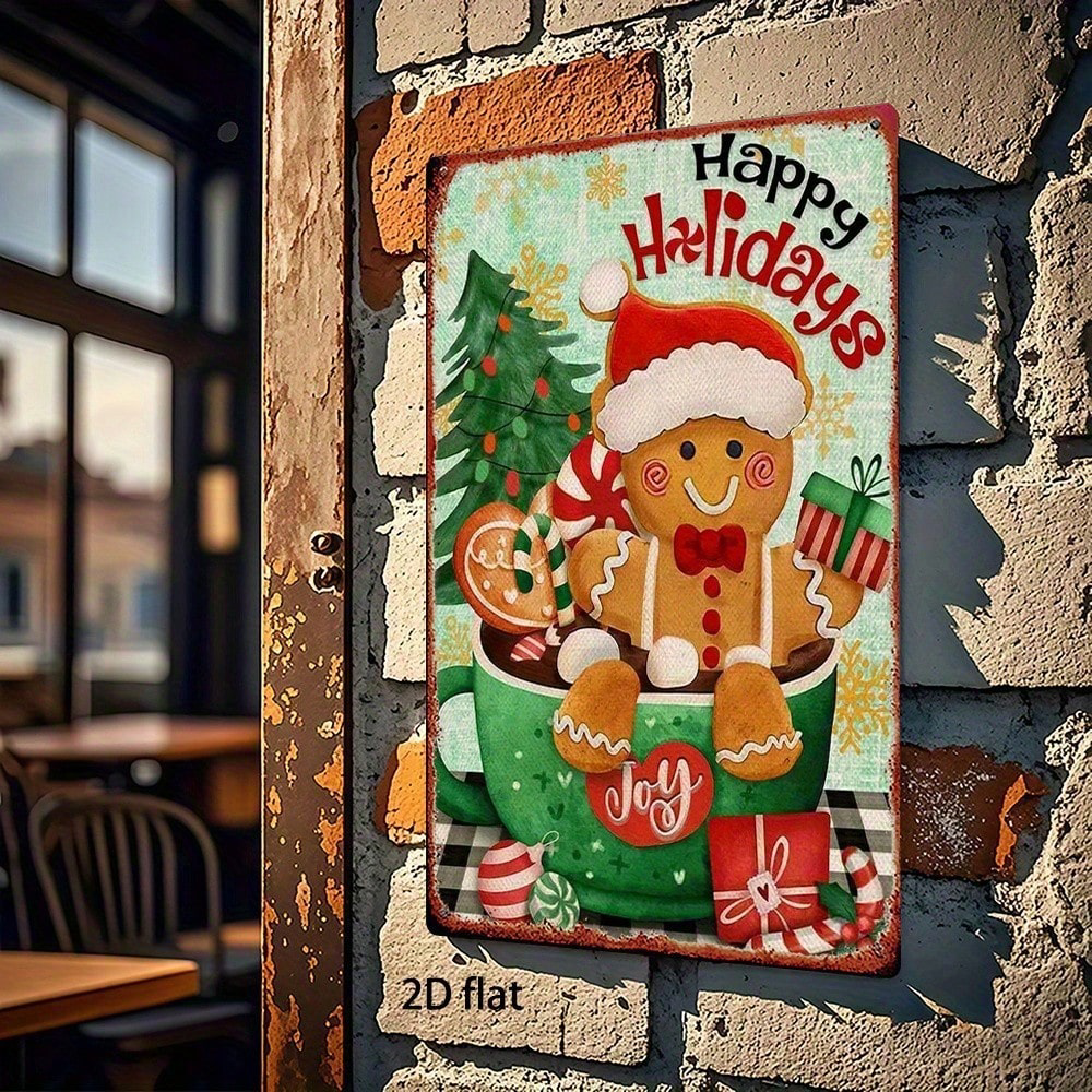 Christmas Gingerbread Man Metal Sign 8x12, Retro Square Tin Wall Decor