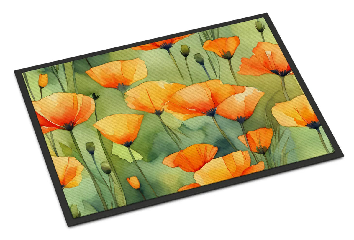 California Poppies In Watercolor Doormat Front Door Mat Indoor Outdoor