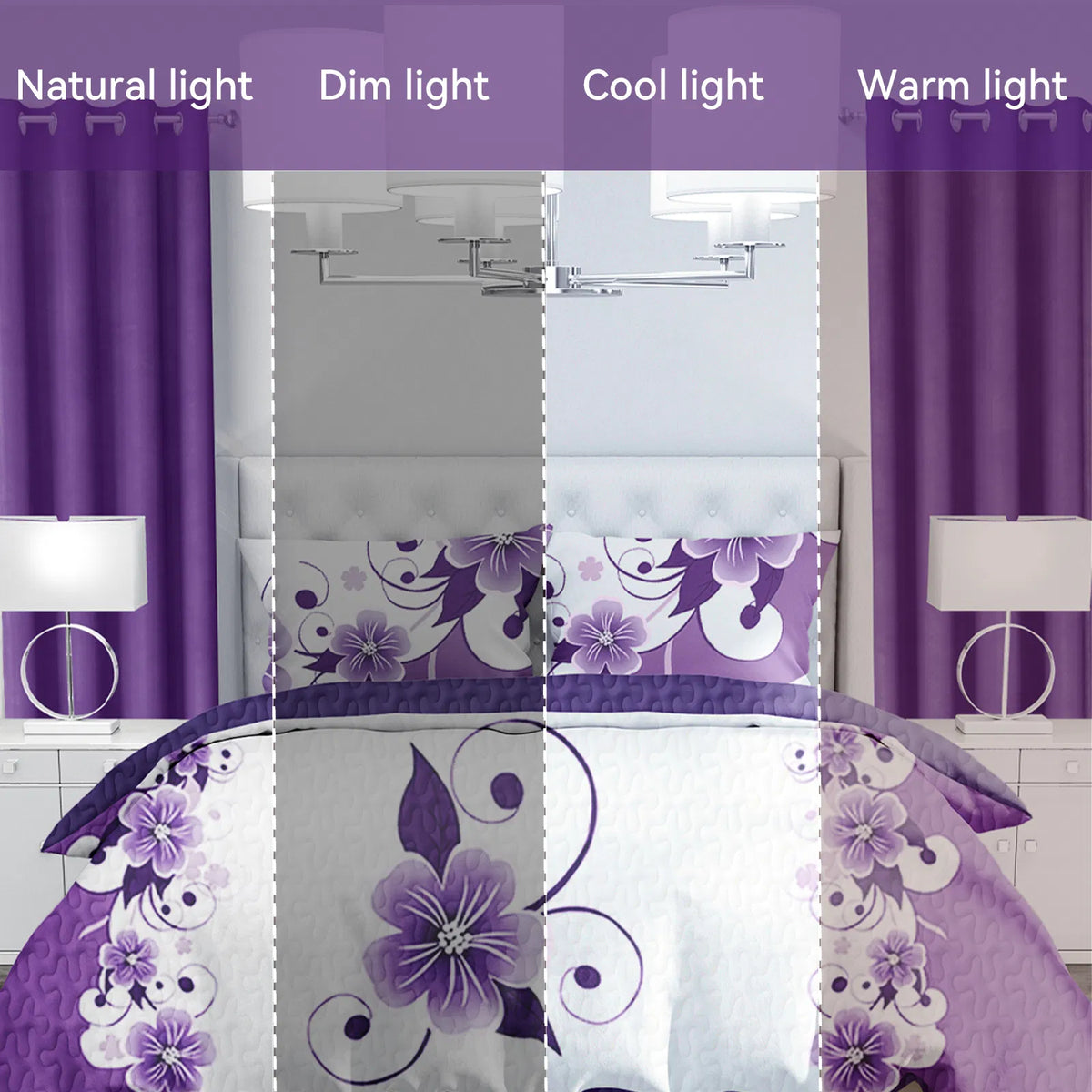 9-Piece Purple Floral Bedding & Curtain Set - Quilted Microfiber