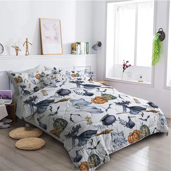 8pcs Halloween Comforter Set, Witch Pattern Bed In A Bag Bedding
