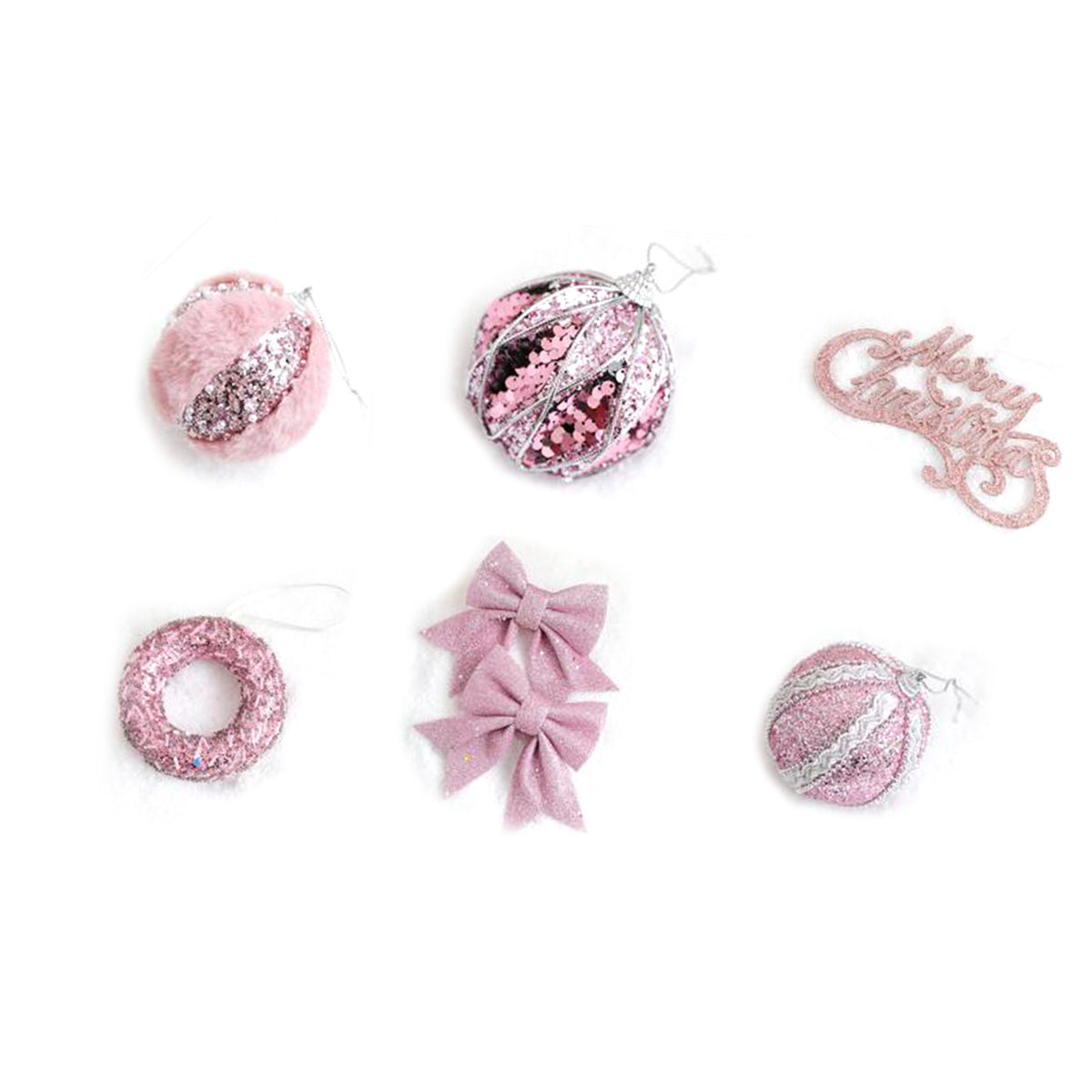 6Pcs Xmas Tree Decoration Sequin Plush Bow Ball Donut Letter Sign Tree