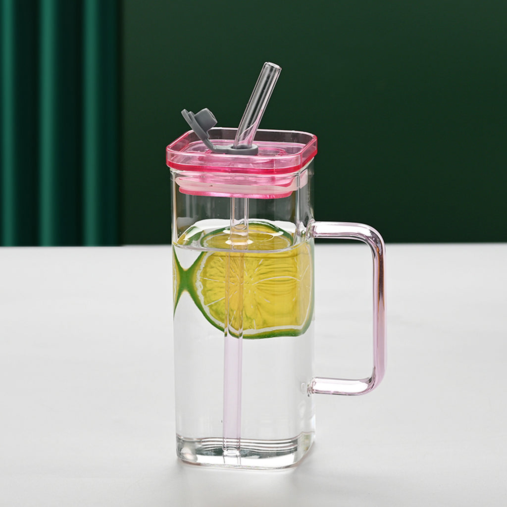 1 Pcs Blue Glass Straw Cup, 6 Colors Square Glass Cup With Straw