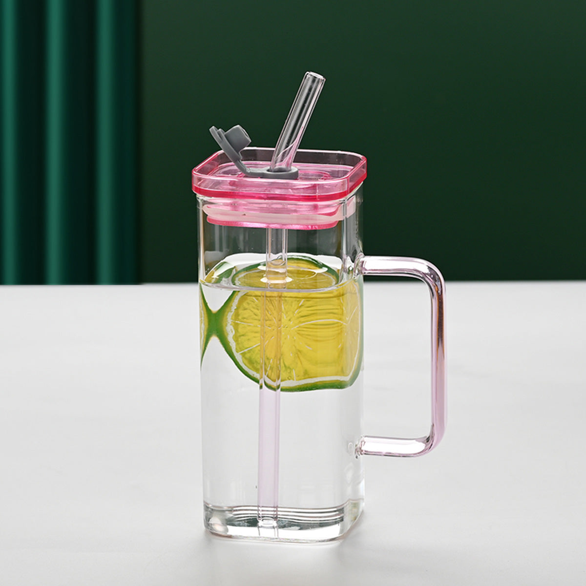 1 Pcs Blue Glass Straw Cup, 6 Colors Square Glass Cup With Straw