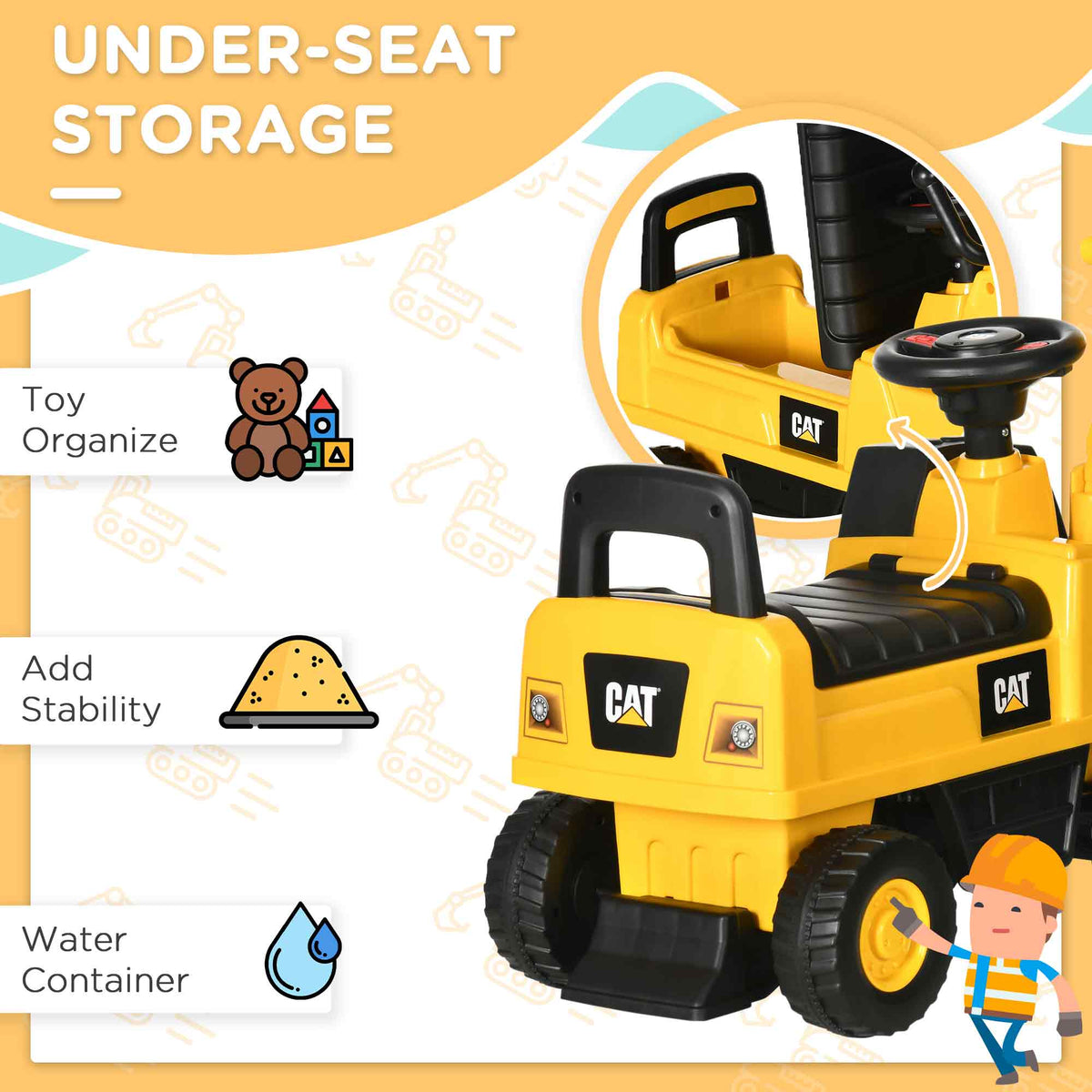 Kids Excavator Ride On Toy CAT Licensed With Manual Shovel, Horn