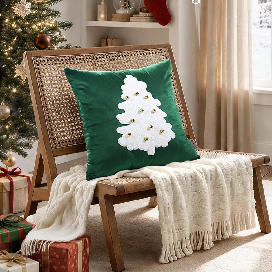 Christmas Tufted Pillow Cover 18x18 Inch, Bell Tree