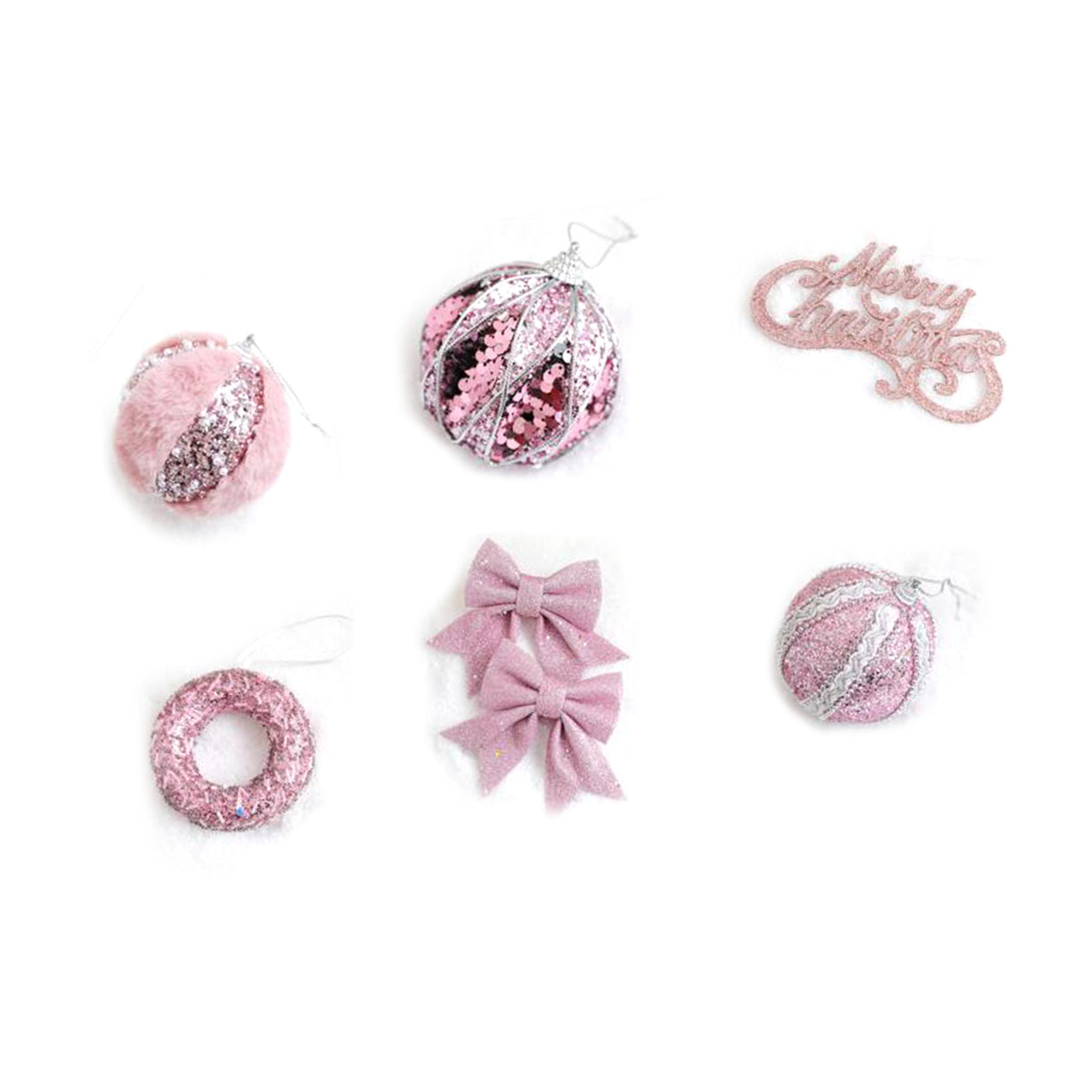6Pcs Xmas Tree Decoration Sequin Plush Bow Ball Donut Letter Sign Tree