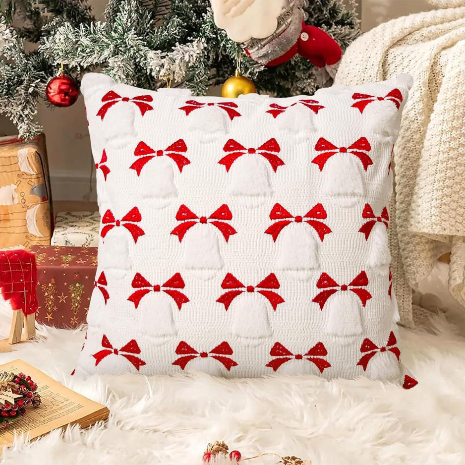 2Pcs Christmas Pillow Covers 18x18, 3D Jacquard Faux Fur Holiday Decor