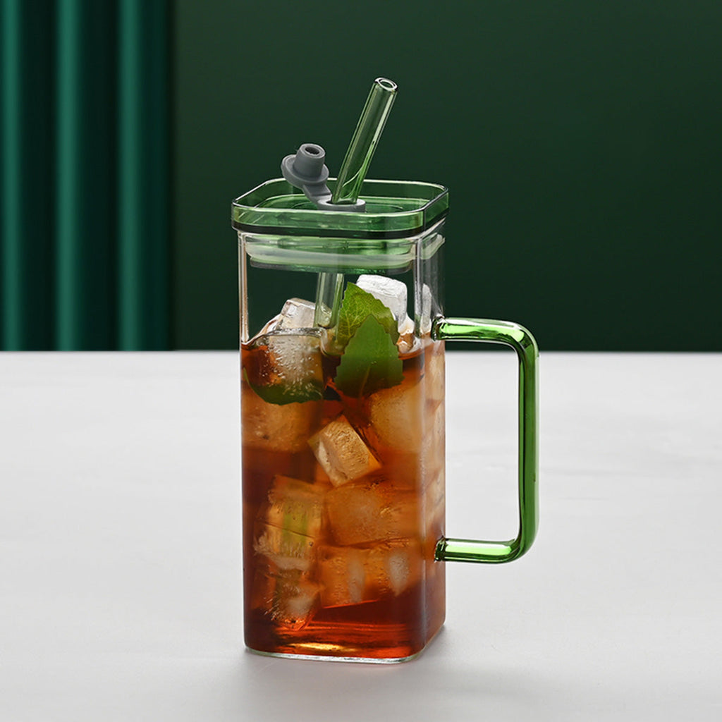 1 Pcs Blue Glass Straw Cup, 6 Colors Square Glass Cup With Straw