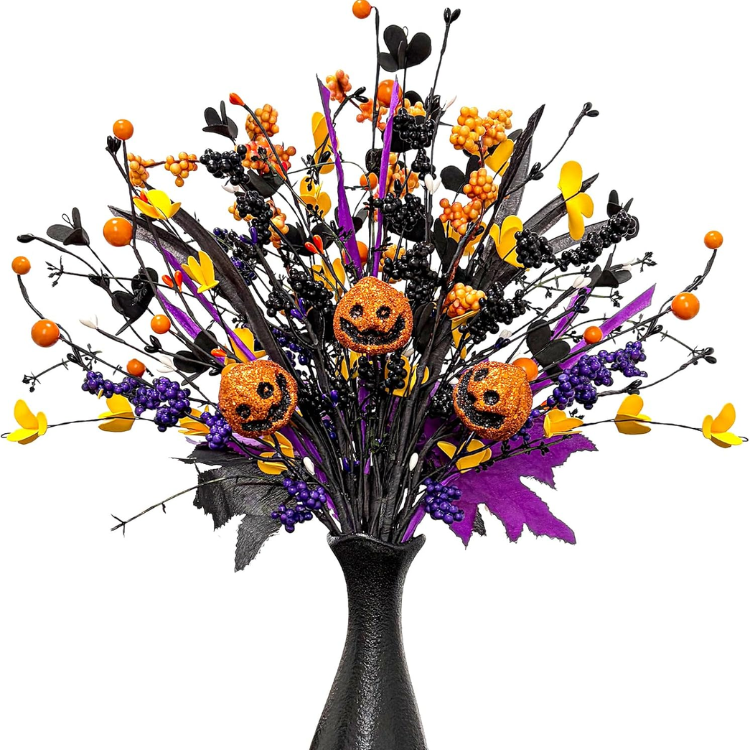 6 Pcs Halloween Floral Picks, 17 Inch Jack-o'-lanterns & 3-Color Berry