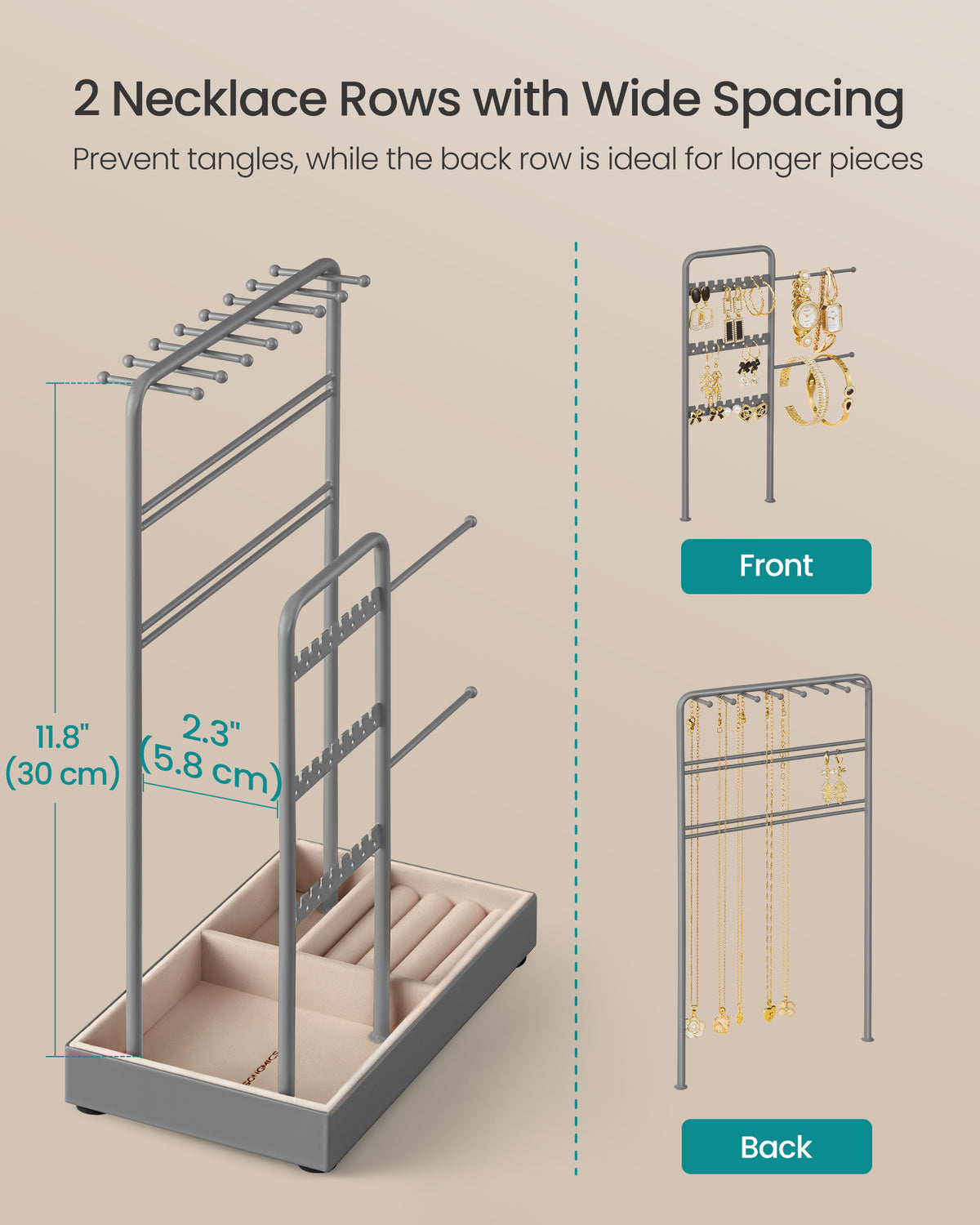 Songmics Jewelry Holder, Display Stand, Metal Frame, Velvet Tray