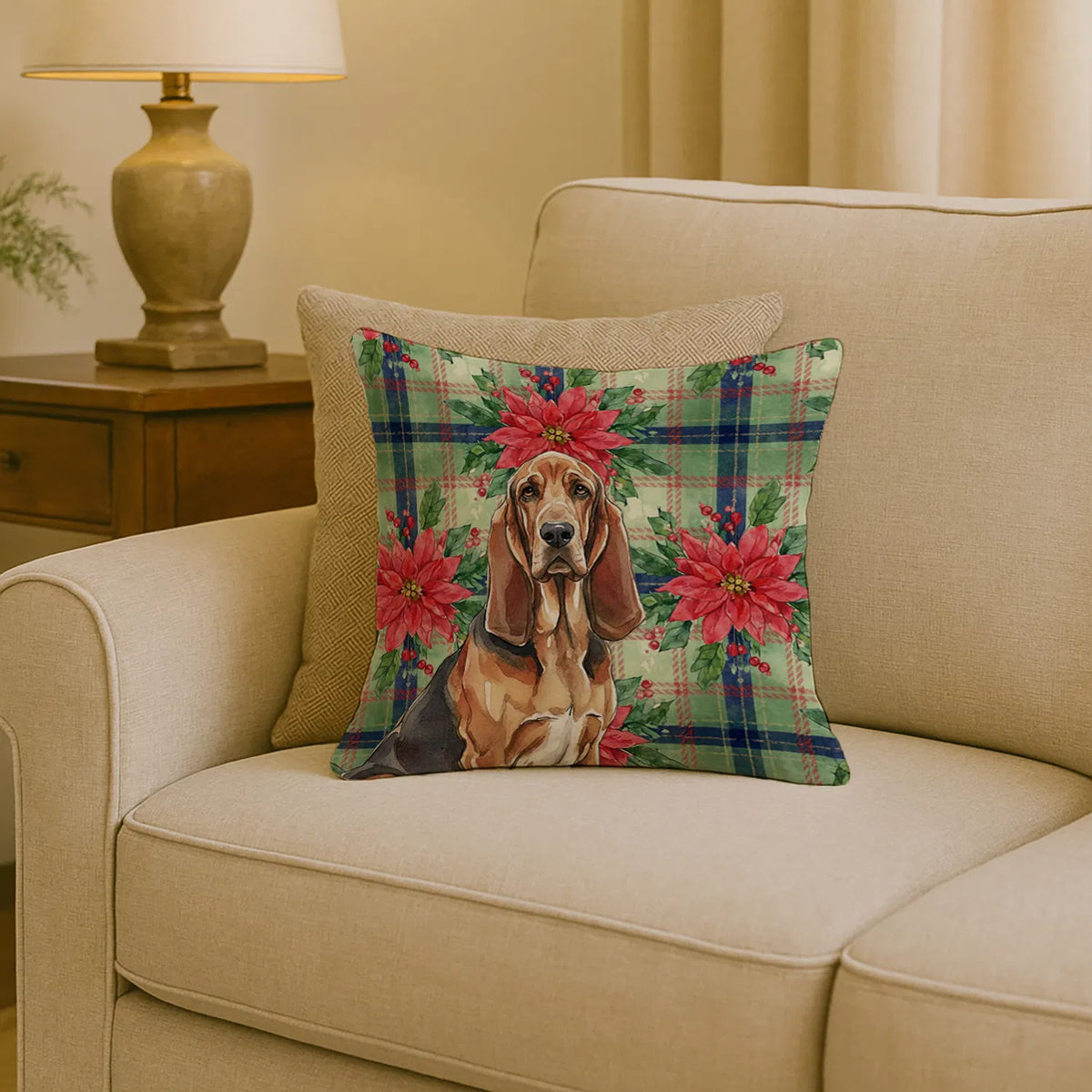 Liver And Tan Bloodhound Christmas Poinsettias Throw Pillow Decorative