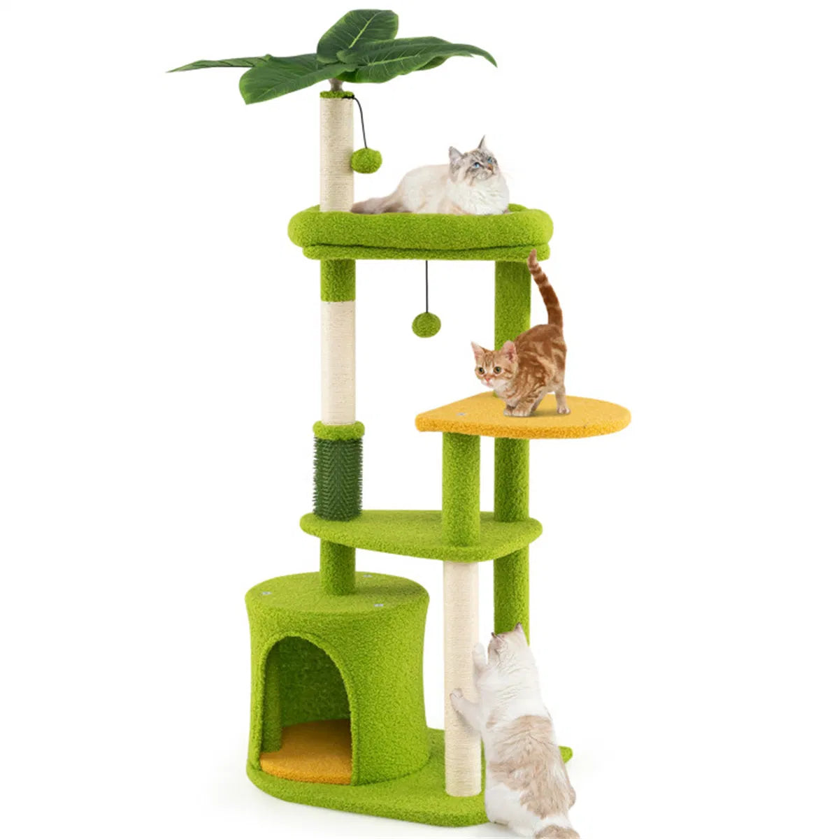 48" Cat Tree With Tropical Leaves - Self-groomer & Scratching Posts