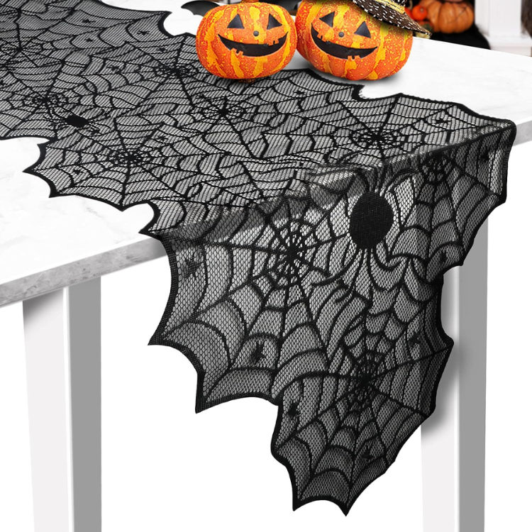 Halloween Black Lace Spider Web Table Runner, 18 X 72 Inch Spooky Table