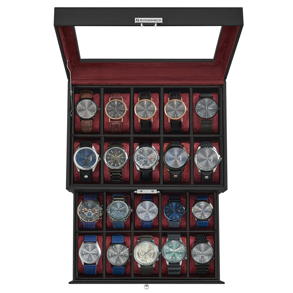 Songmics 20-Slot Watch Box, 2 Layers, Glass Lid, Lockable