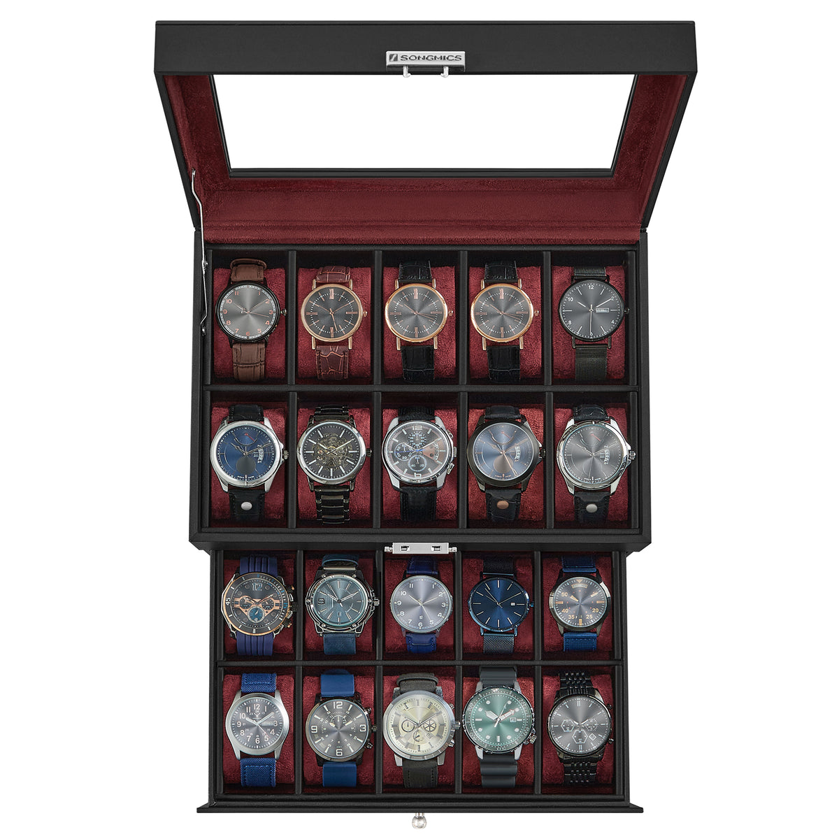 Songmics 20-Slot Watch Box, 2 Layers, Glass Lid, Lockable