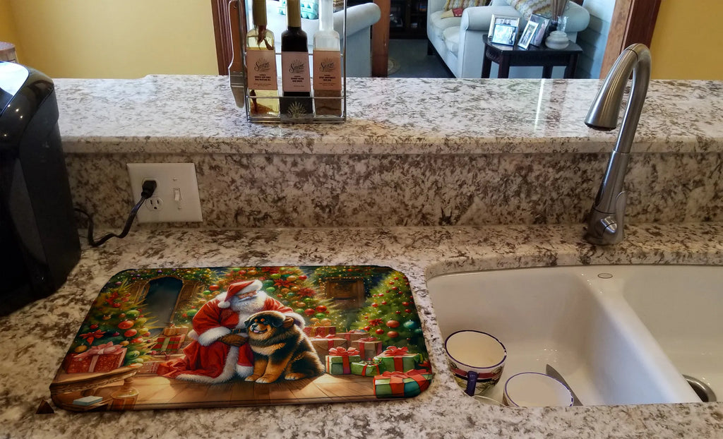 Tibetan Mastiff And Santa Claus Dish Drying Mat Absorbent Dish Drying