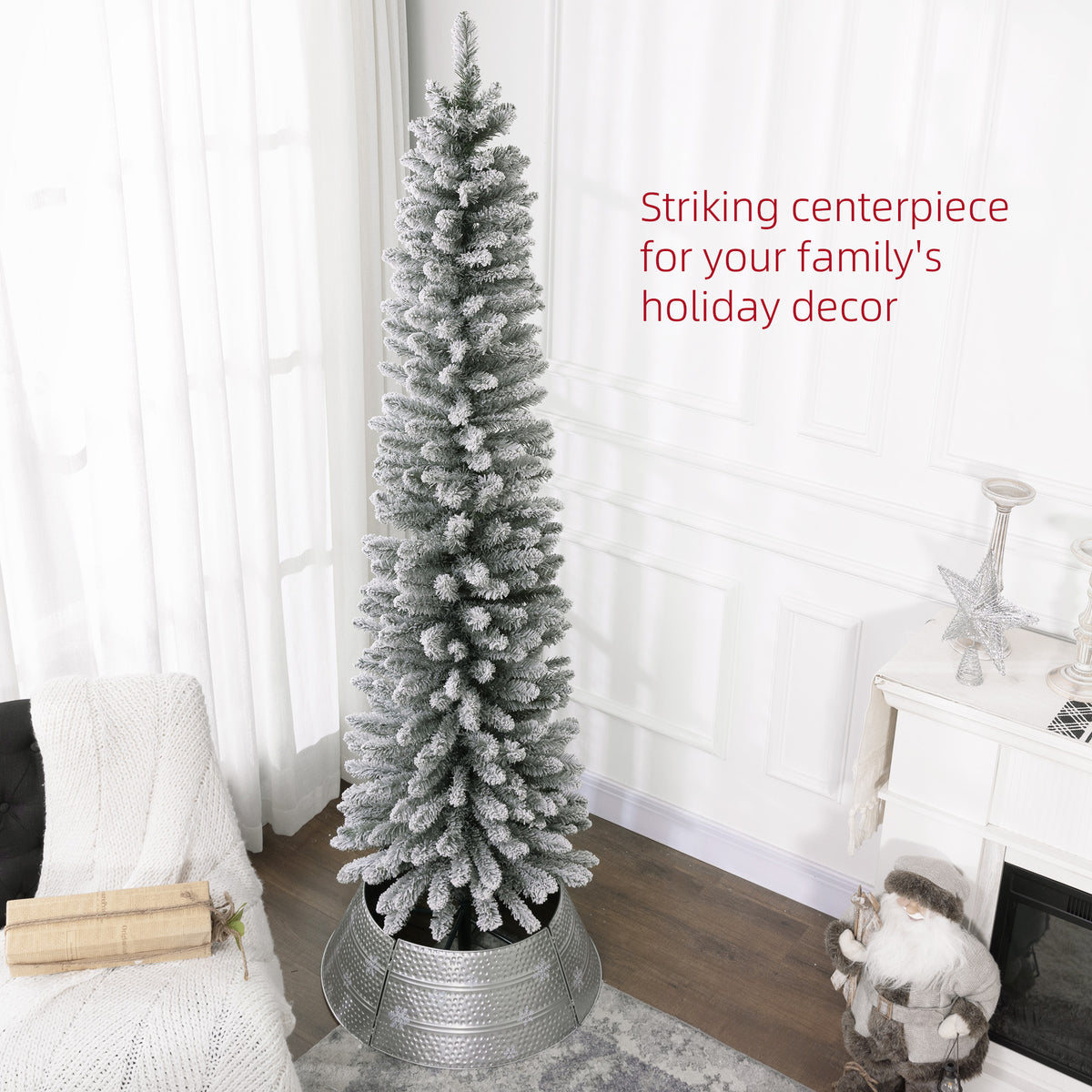 7ft Artificial Christmas Tree, Snow Flocked Branches, Metal Base