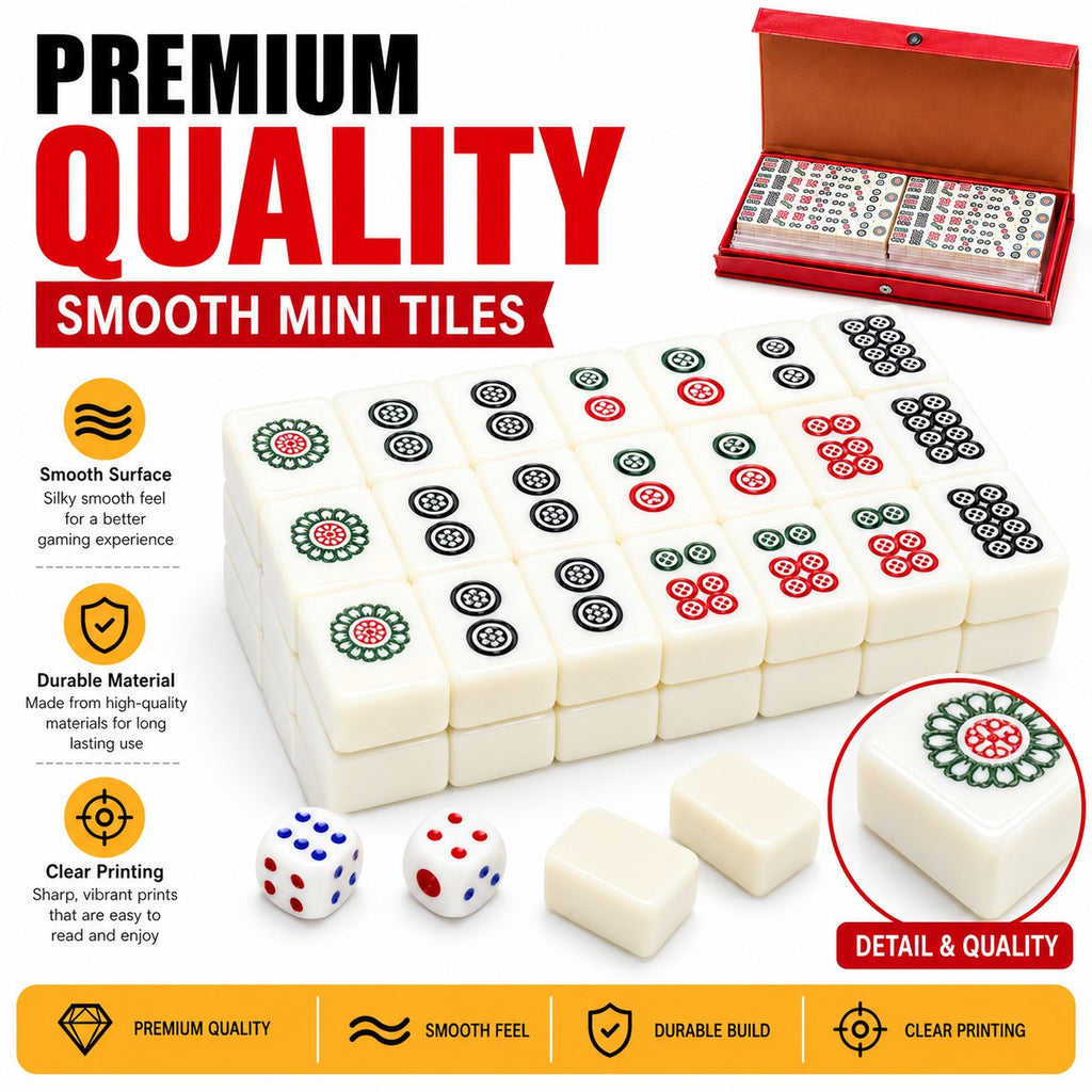 Pocket Mahjong Set 144 Mini Tiles 2 Dice Red Case Family Travel Games