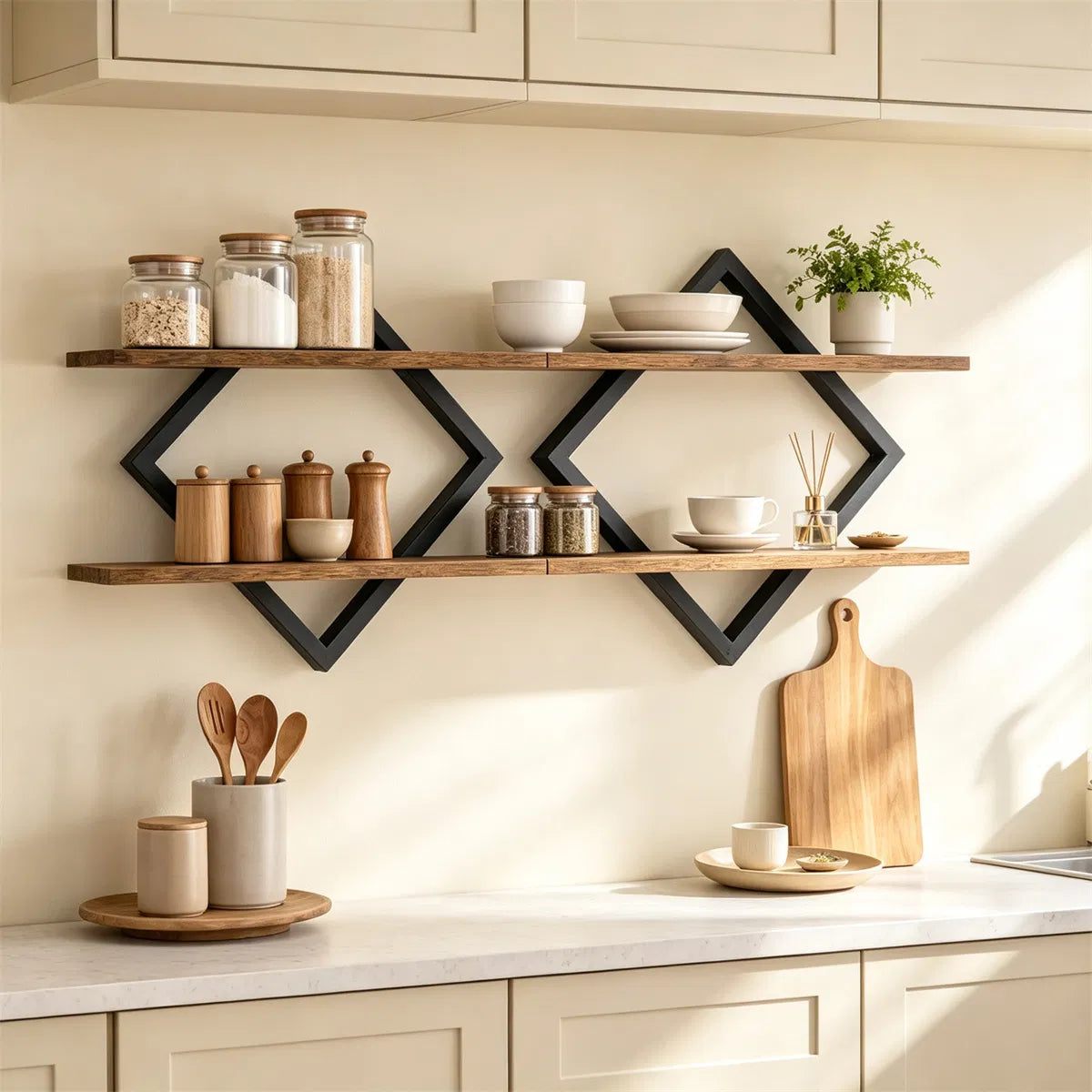 Black Rustic Brown 2Tier Floating Wall Shelves Set Of 2, Diamond Metal