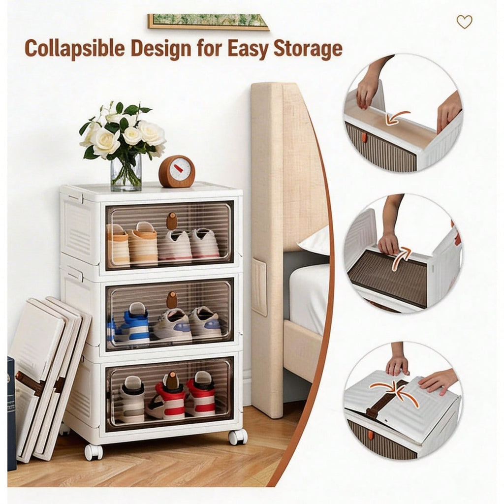 Dustproof Clear Plastic Shoe Storage Box Stackable Foldable 3Tier Shoe